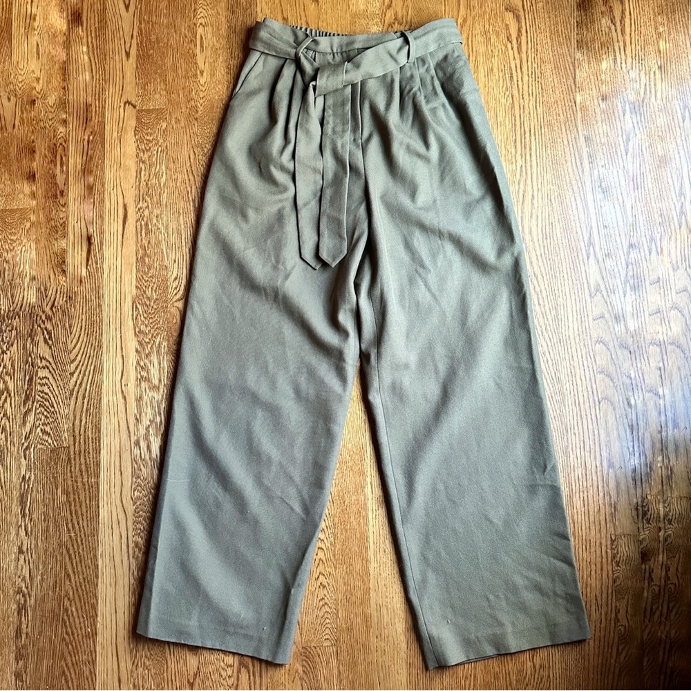 Rosie Assoulin green wool twill wide leg tie-waist trousers